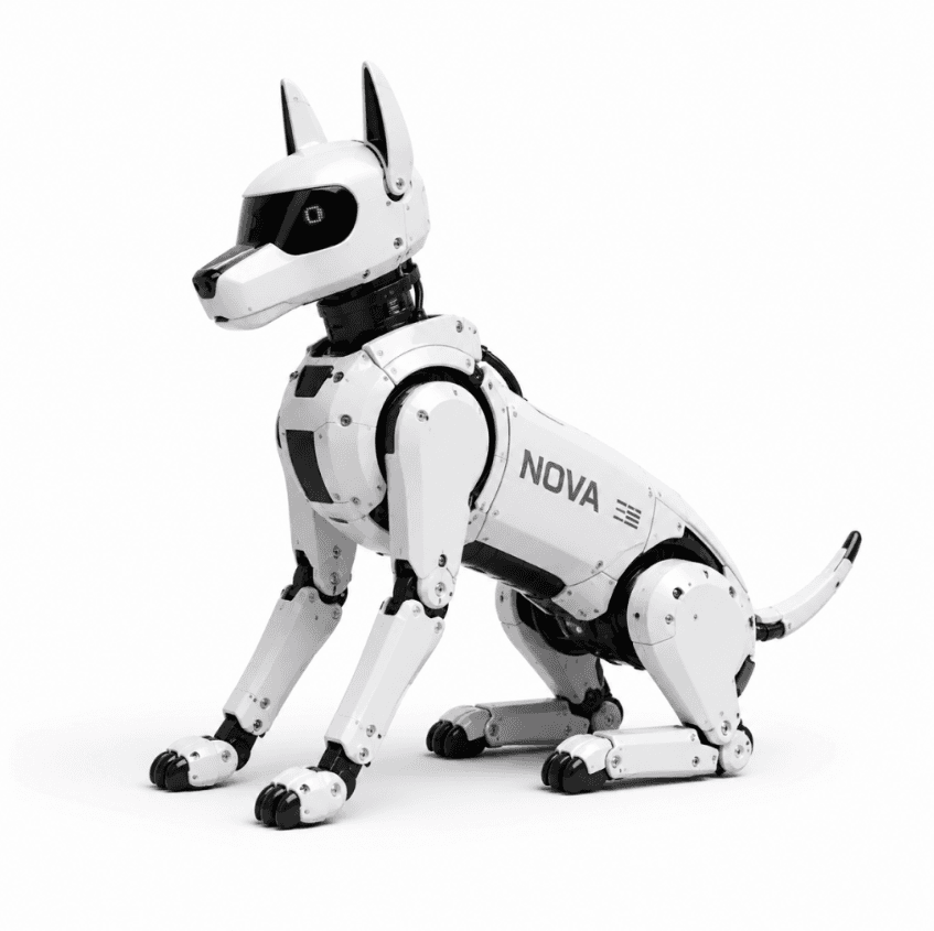 Nova, Cursor's upcoming AI dog — a white quadruped robot with NOVA printed on its body