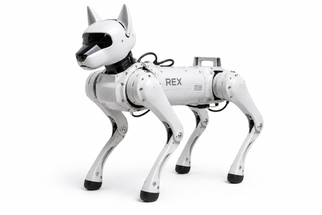 Rex, Cursor's upcoming AI dog — a white quadruped robot with REX printed on its body